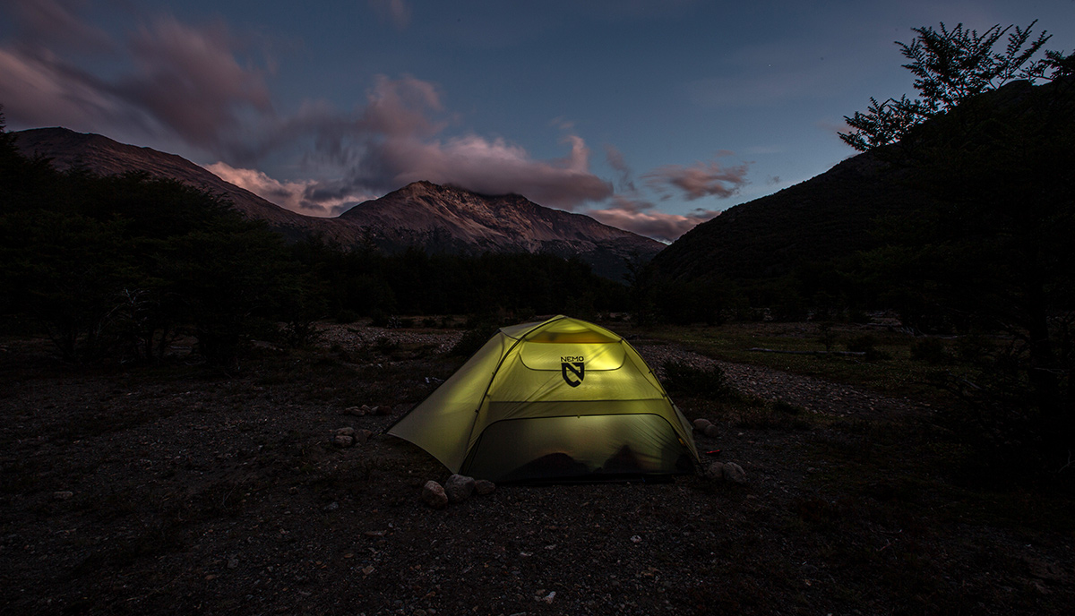 NEMO Hornet 3P Tent (tent lit up at night)